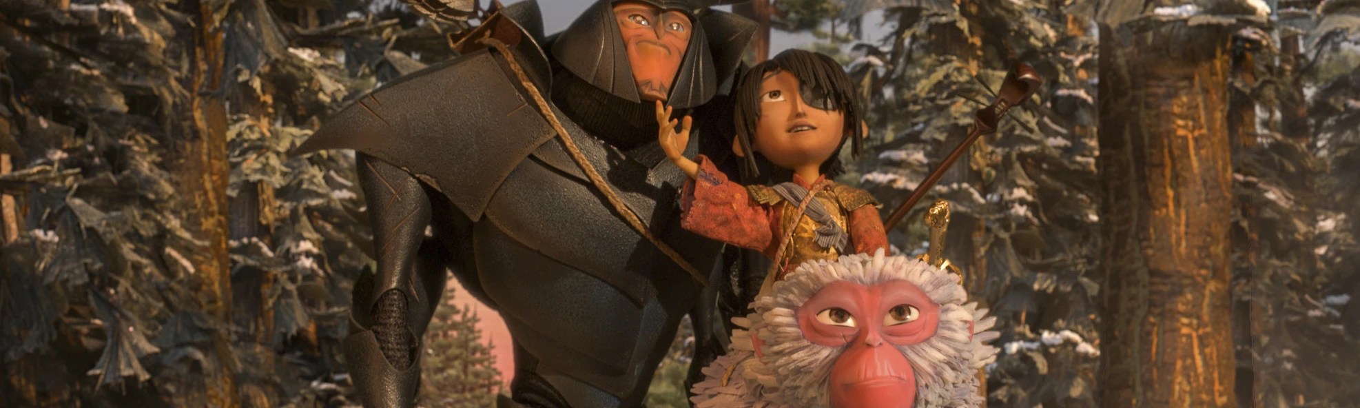A beetle-man, a boy and a monkey in 'Kubo and the Two Strings'