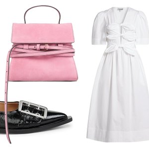 gold earrings, black flats, white dress and pink bag