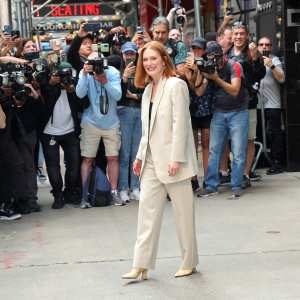 Julianne Moore is seen at the "Good Morning America" show in Times Square, Manhattan on June 04, 2025 in New York City.