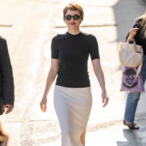 Emma Stone is seen at "Jimmy Kimmel Live" on June 26, 2025 in Los Angeles, California.