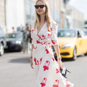 Pernille Teisbaek wearing dress outside Ganni on August 10, 2017 in Copenhagen, Denmark.