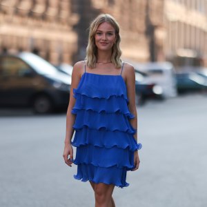 BERLIN, GERMANY - JULY 21: Vivien Wysocki is seen wearing a royal blue & other stories dress, a golden necklace and beige high heels on July 21, 2022 in Berlin, Germany.