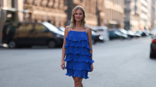 BERLIN, GERMANY - JULY 21: Vivien Wysocki is seen wearing a royal blue & other stories dress, a golden necklace and beige high heels on July 21, 2022 in Berlin, Germany.