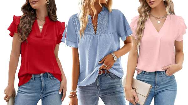 Red, blue and pink blouses from Amazon