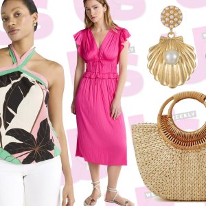pink dress, blue shorts, woven bag, gold earrings and blouse from Walmart