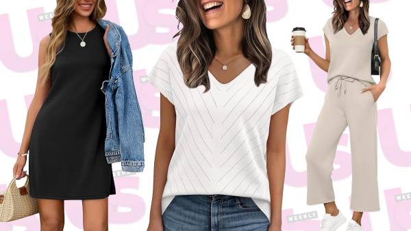 white top, beige sets, black dress Amazon