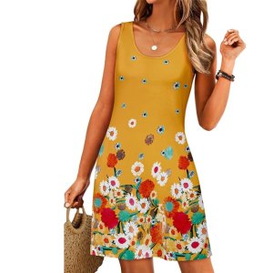Woman wearing a sleeveless floral boho sundress during summer