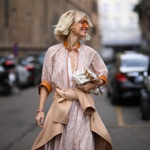 Viktoria Rader is seen wearing a Bottega Veneta bag and heels before Sportmax during Milan Fashion Week Fall/Winter 2020-2021 on February 21, 2020 in Milan, Italy.