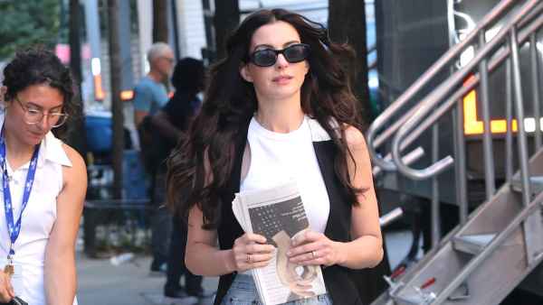 Anne Hathaway is seen on the set of "Devil Wears Prada 2" in downtown Manhattan on July 21, 2025 in New York City.