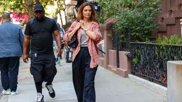 Katie Holmes is seen on the set of "Happy Hour" on July 21, 2025 in New York City.