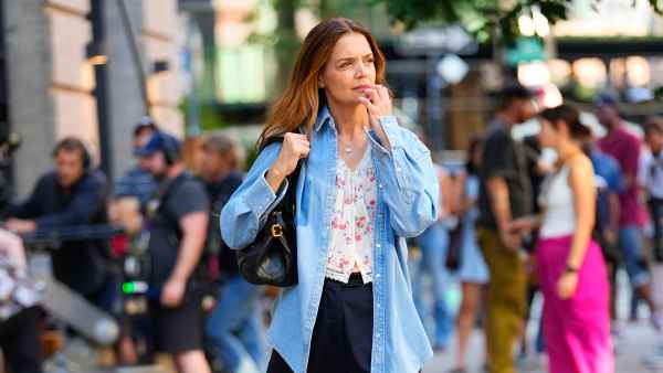 Katie Holmes is seen on the set of "Happy Hour" on July 22, 2025 in New York City.