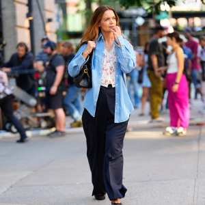 Katie Holmes is seen on the set of "Happy Hour" on July 22, 2025 in New York City.