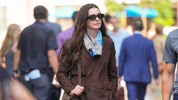 Anne Hathaway is seen on the set of "The Devil Wears Prada" on July 25, 2025 in New York City.