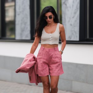 HAMBURG, GERMANY - JULY 27: Semra Hunt wearing Blaze nude pink two piece, Zara white top and Aquazurra brown heels on July 27, 2021 in Hamburg, Germany. (Photo by Jeremy Moeller/Getty Images)