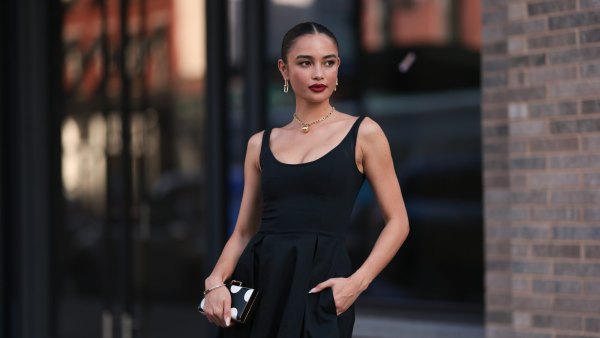 NEW YORK, NEW YORK - SEPTEMBER 12: Sara Sampaio is seen wearing yellow-gold earrings a necklace from Tiffany & Co., HardWear Collection; a sleeveless, round-necked, black midi dress; a silver bracelet; a black clutch with white polka dots before the Carolina Herrera Spring Summer 2024 Runway Show on September 12, 2023 in New York City. (Photo by Jeremy Moeller/Getty Images)