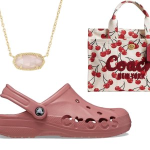 pink dress, coach tote, crocs shoes and kendra scott necklace