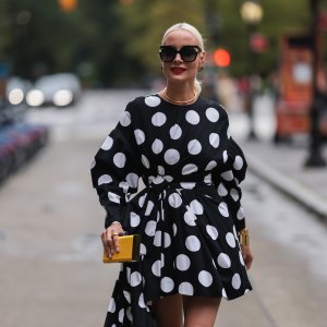 Liv Judd seen wearing a vokuhila polka dot dress, outside Carolina Herrera during new york fashion week on September 12, 2022 in New York City.