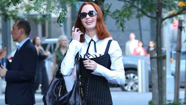 Emily Blunt is seen filming scenes at "The Devil Wears Prada 2" set in Hudson Yards, Manhattan on July 29, 2025 in New York City.