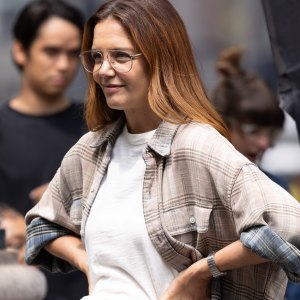 Katie Holmes is seen on the set of "Happy Hours" on August 05, 2025 in New York City.
