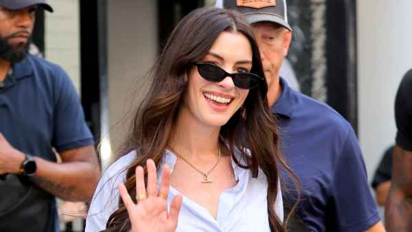 Anne Hathaway is seen on the set of "The Devil Wears Prada 2" on August 14, 2025 in New York City.