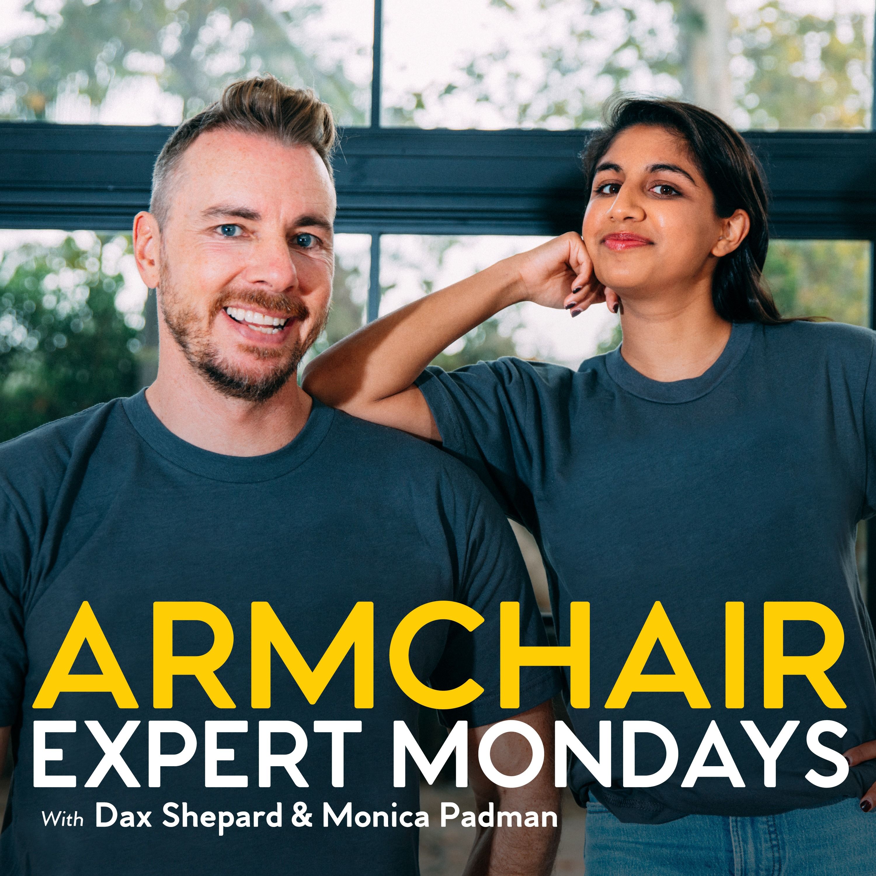 Dax Sheperd and Monica Padman promotional image for Armchair Expert