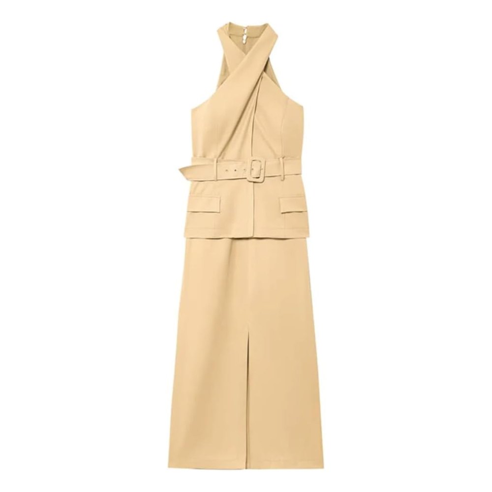 Generic Crossover Belt Sleeveless Midi Dress