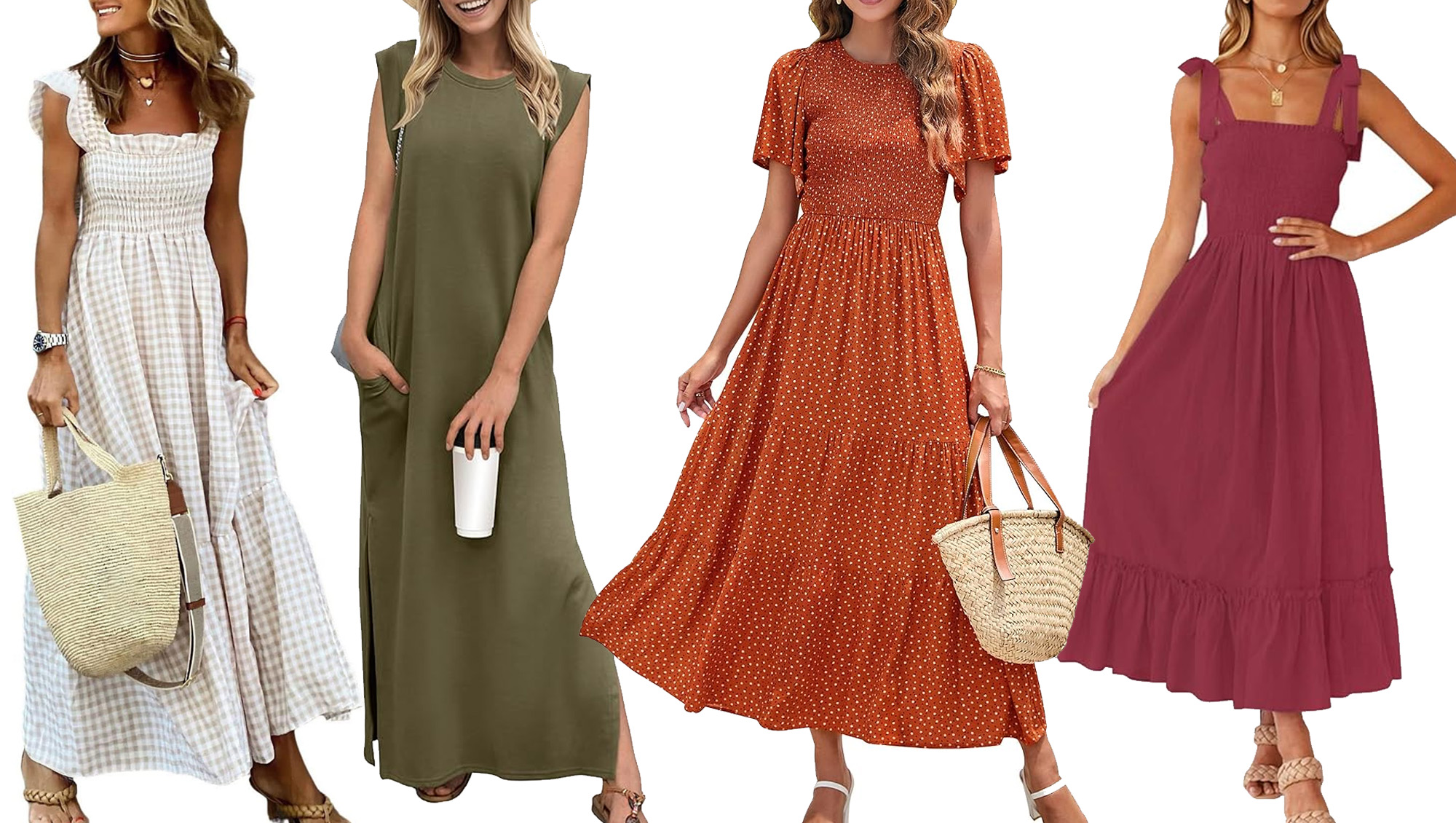 gingham, olive, orange and burgundy dress