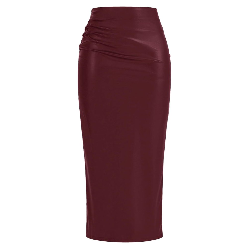 Btfbm Ruched Bodycon Leather Pencil Skirt