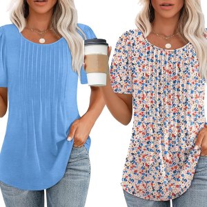 blue, floral and pink pleated tops Amazon