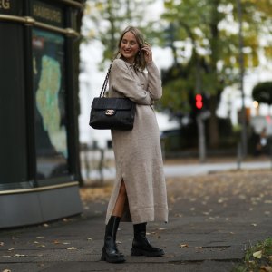Louisa Theresa Grass wearing Mango knit dress, Nakd boots and Chanel bag on October 22, 2020 in Hamburg, Germany.