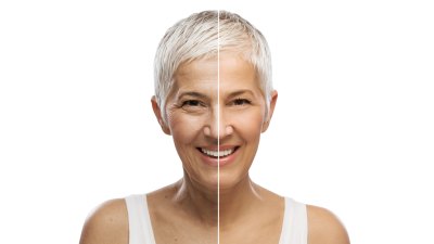 Portrait of a beautiful elderly woman, aging concept, isolated on white background