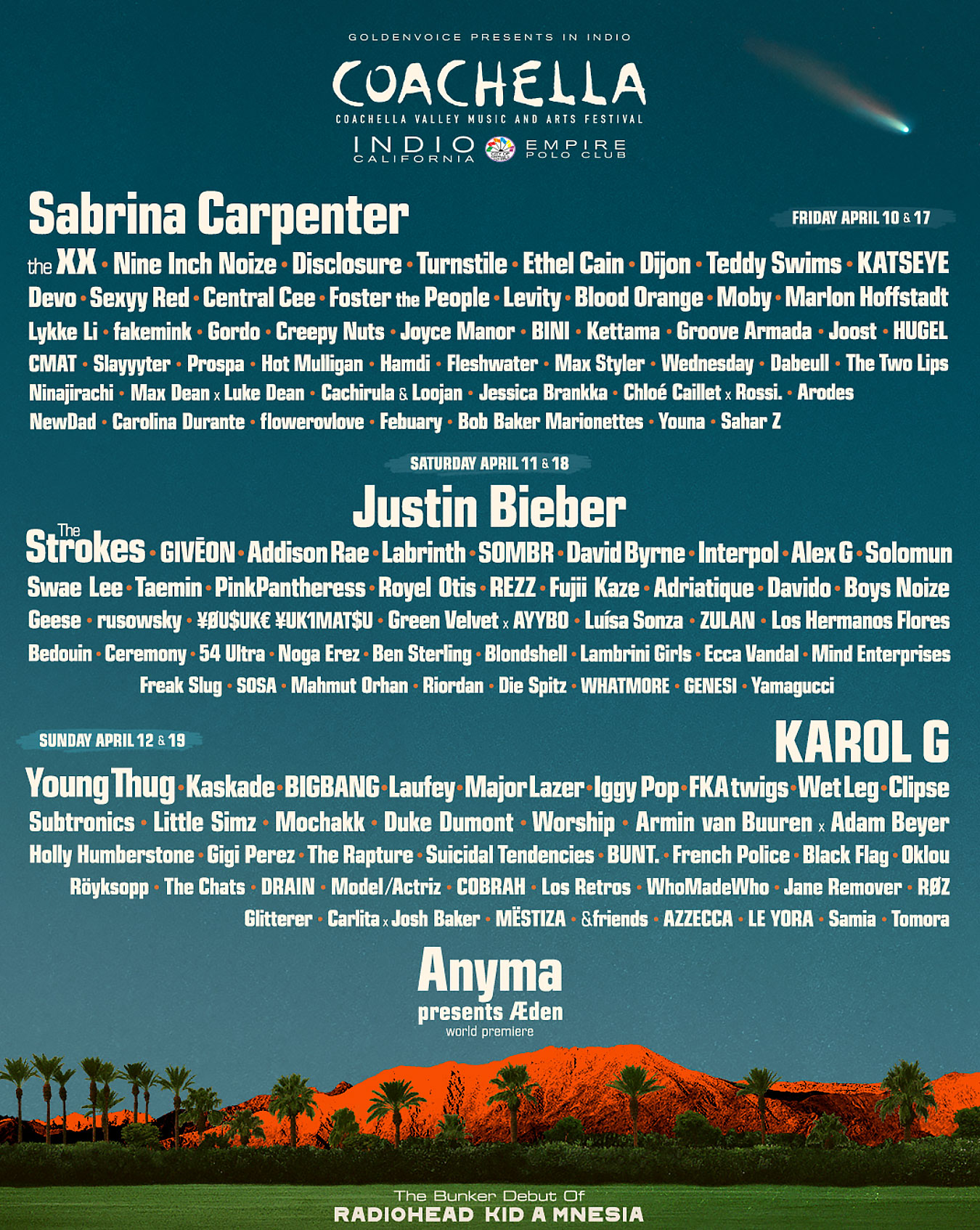 Sabrina Carpenter, Justin Bieber and Karol G Will Headline Coachella 2026