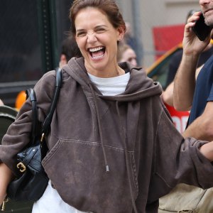 NEW YORK, NY - JULY 30: Katie Holmes and Joshua Jackson are seen on the movie set of the 'Happy Hours' on July 30, 2025 in New York City. (Photo by Jose Perez/Bauer-Griffin/GC Images)