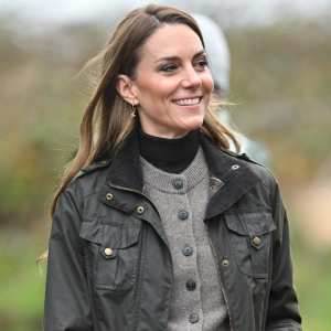 Catherine, Princess of Wales laughs during her visit to Mallon Farm, a flax farm in County Tyrone that is spearheading the revival of flax growing for linen, as a blueprint for sustainable farming systems on October 14, 2025 in Cookstown, Northern Ireland. During their visit, the Prince and Princess of Wales are visiting organisations providing creative and entrepreneurial opportunities for young people in rural areas of Northern Ireland.