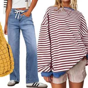 puffer bag, jeans, striped shirt and flowy pink dress