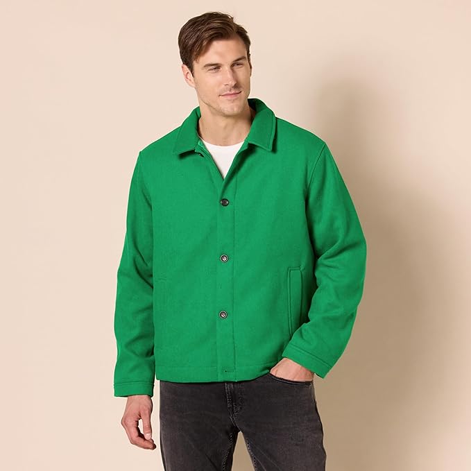 Amazon Essentials men’s wool bomber jacket in green.