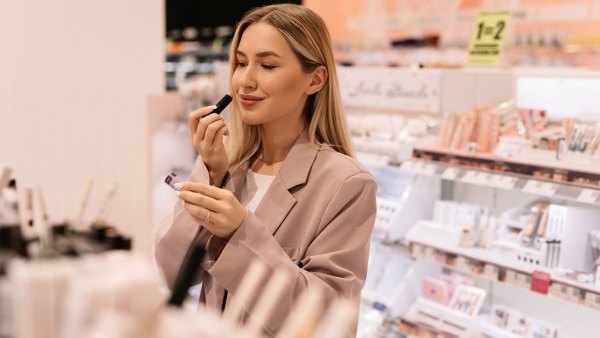 A young makeup artist puts lipstick on her lips and chooses cosmetics at a cosmetics store in a shopping mall. Attractive blonde woman selecting beauty products and trying makeup at cosmetic store in shopping mall. She is testing different cosmetics while shopping for personal care items. Beauty consumerism concept.
