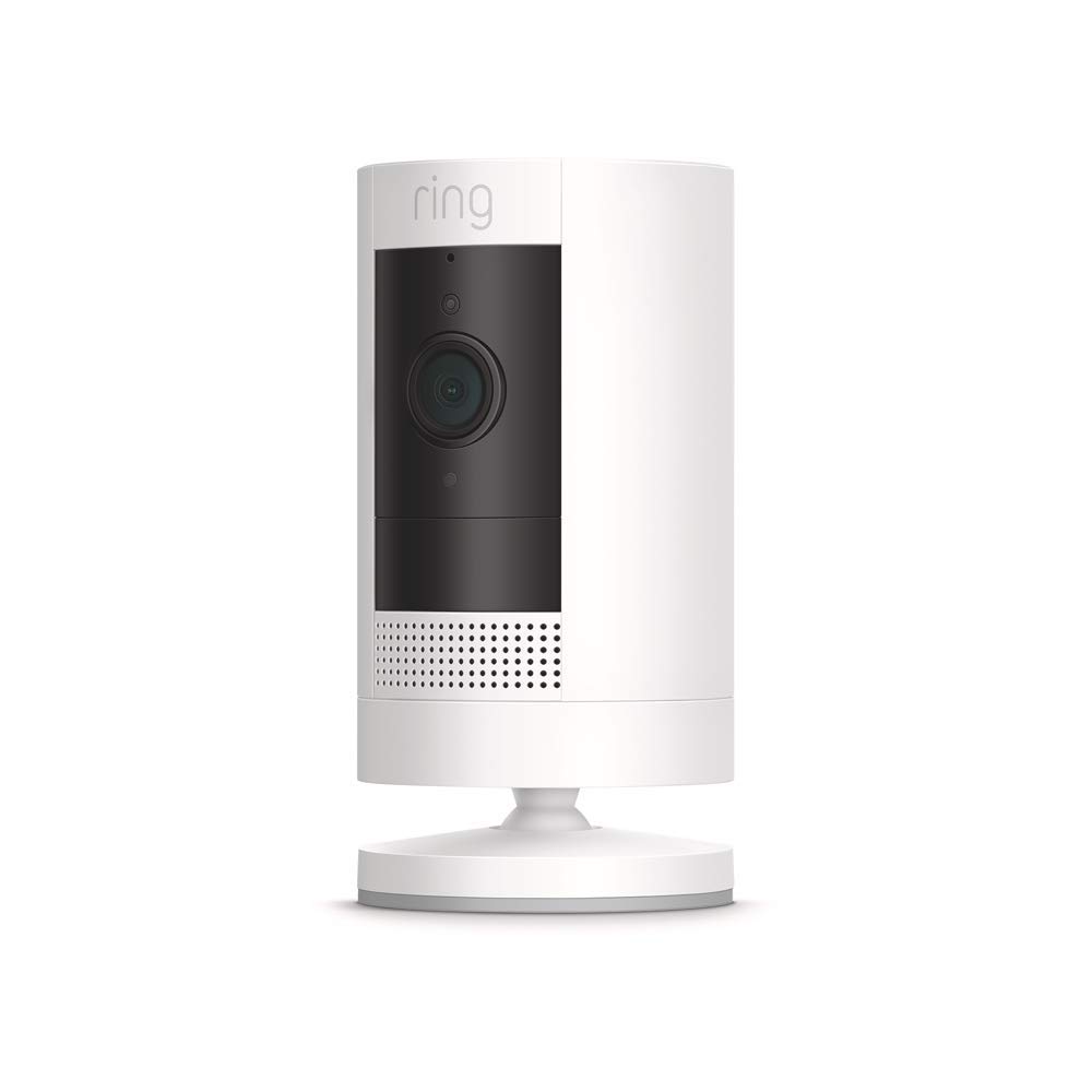 Ring outdoor security camera mounted on exterior wall.
