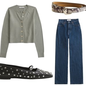 Cardigan, Jeans, Belt, Trench Coat, Ballet Flats from Abercrombie