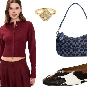 black jeans, burgundy sweater, gold ring, coach denim bag and cow print flats