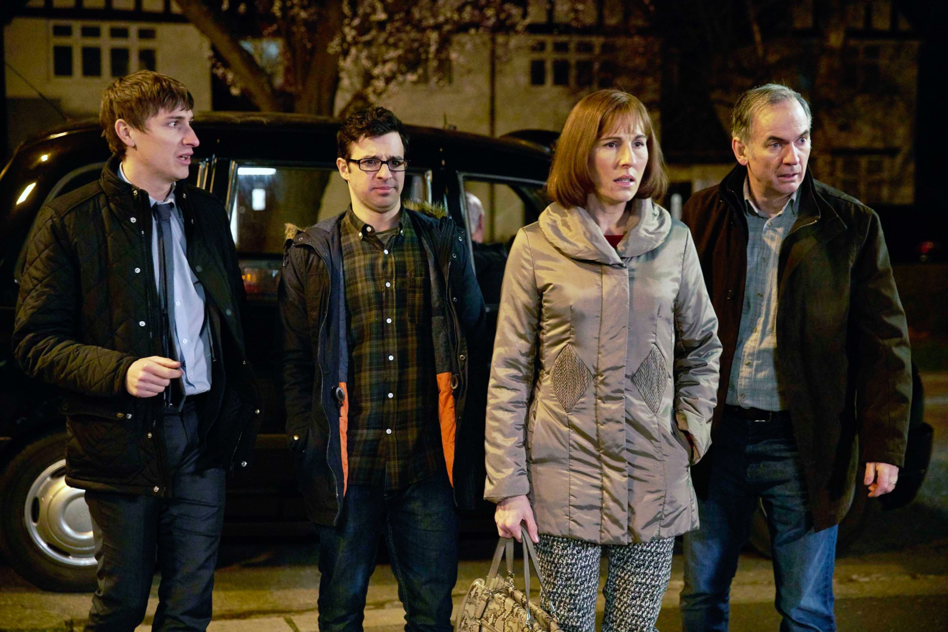 Tom Rosenthal, Simon Bird, Tamsin Greig and Paul Ritter in Friday Night Dinner