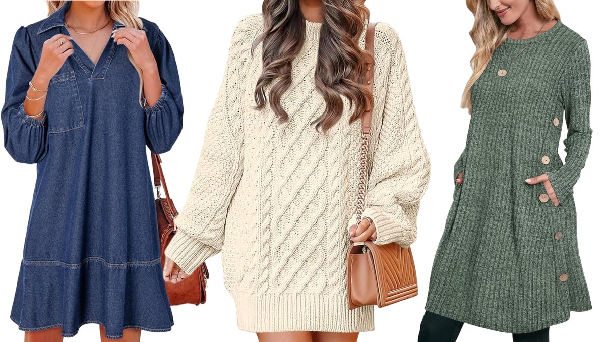 Denim Dress, Cable Knit Dress and Green Knit Dress