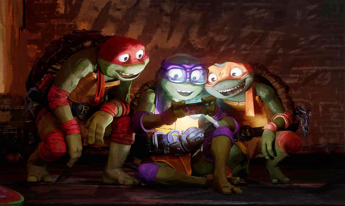 Raphael (voice: Brady Noon), Donatello (voice: Micah Abbey), Michelangelo (voice: Shamon Brown Jr.) in TMNT: Mutant Mayhem