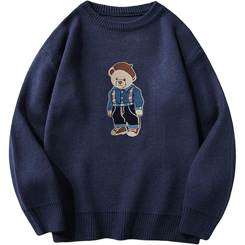 SHENHE Men's Oversized Crew Neck Cute Bear Sweater