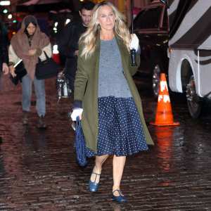 Sarah Jessica Parker is seen filming a "Google" commercial in Downtown Manhattan on December 02, 2025 in New York City.
