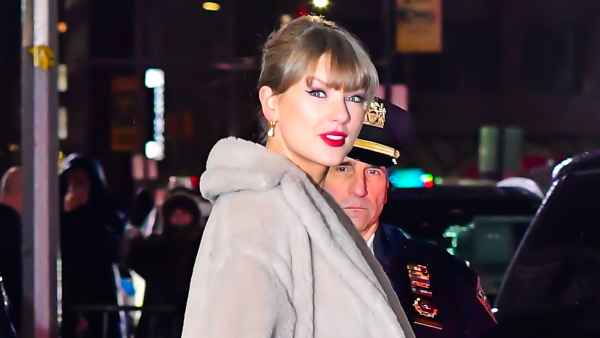 Taylor Swift is seen leaving "The Late Show with Stephen Colbert" o on December 10, 2025 in New York City.