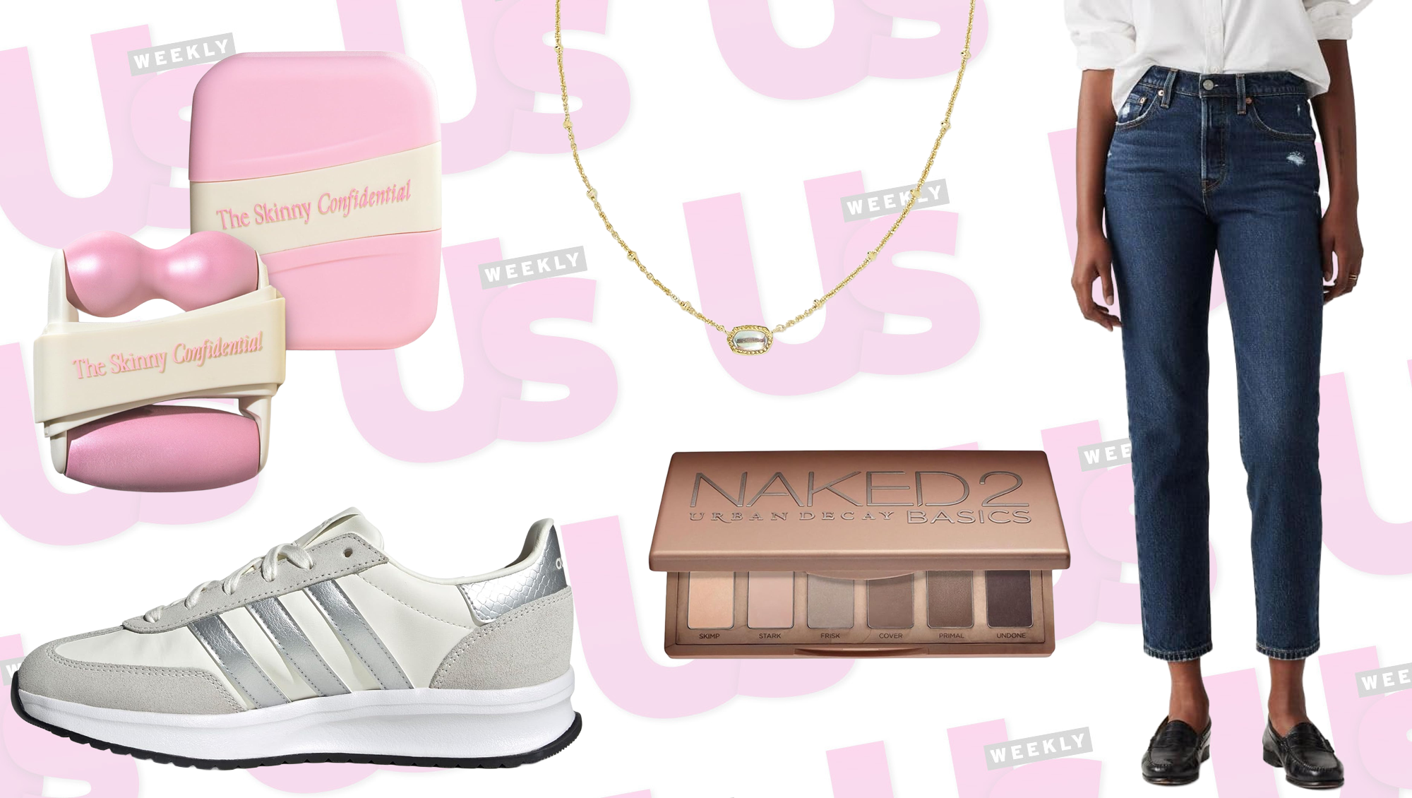 ice roller, jeans, necklace, adidas sneakers and urban decay palette