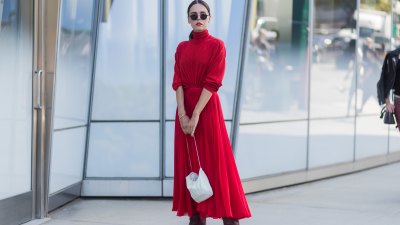 Evangelie Smyrniotaki wearing red dress seen in the streets of Manhattan outside Delpozo during New York Fashion Week on September 13, 2017 in New York City.