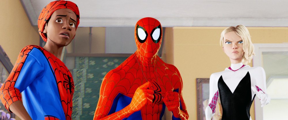 Miles Morales (voice: Shameik Moore), Peter Parker (voice: Jake Johnson), Spider-Gwen (voice: Hailee Steinfeld) in Spider-Man: Into the Spider-Verse
