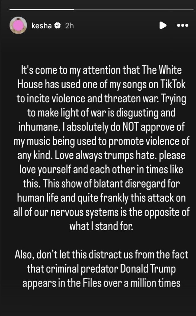 Kesha Slams Trump After White House Uses Her Song in Pro-War Video